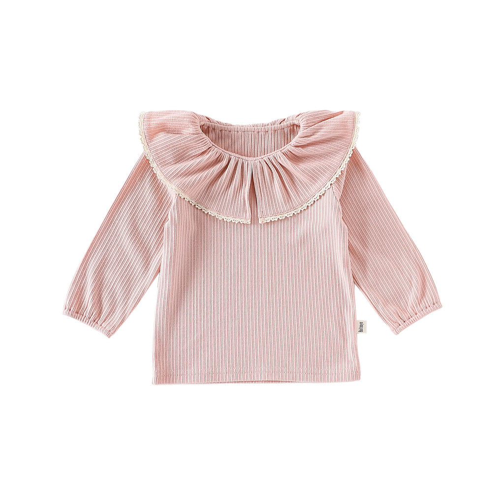 Autumn Arrival Baby Girls Solid Color Lace Trim Collar Long Sleeves Top