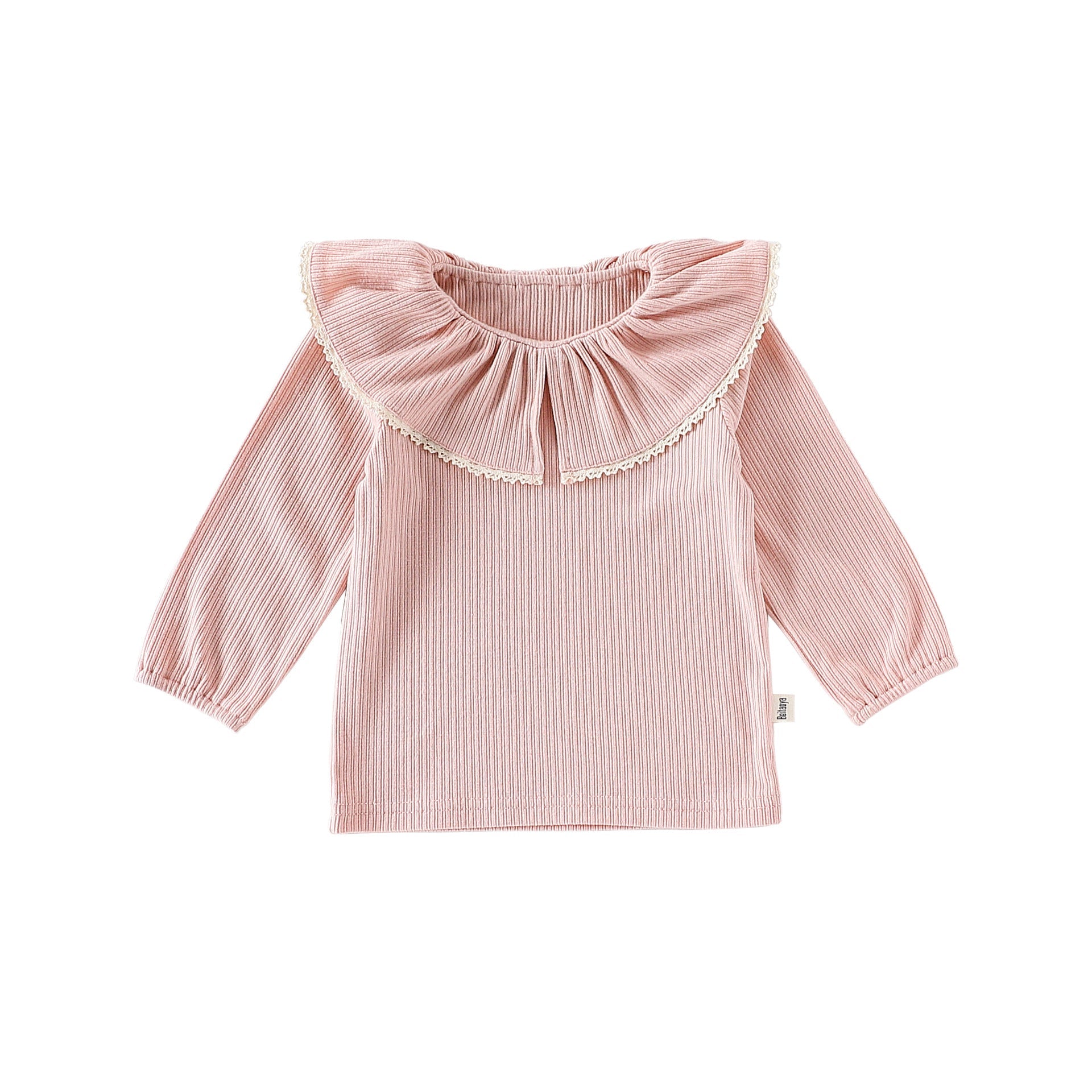 Autumn Arrival Baby Girls Solid Color Lace Trim Collar Long Sleeves Top