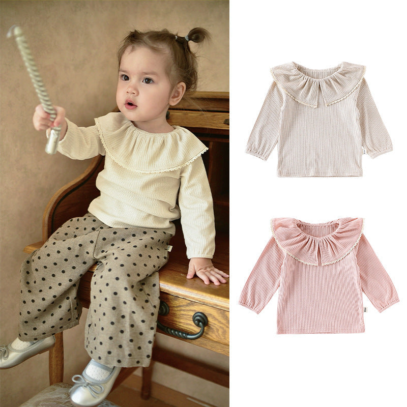 Autumn Arrival Baby Girls Solid Color Lace Trim Collar Long Sleeves Top